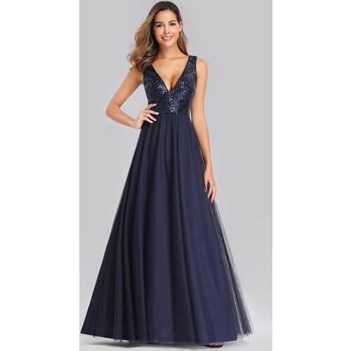 Sequins Sexy Deep V-Neck Evening Dress Sleeveless New Zipper Back Simple A-Line Floor-Length Plus Size Women Formal Gowns D938