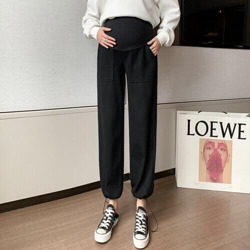 Pregnant womens wide-leg pants spring and autumn loose casual pregnant womens pants knitted straight fashion trendy mom