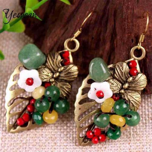 Dangle Ear Ring Chinese Dangle Flower Geometric Earring Handmade Stone Jewelry Female Ethnic Vintage Palace Party Wedding Bijoux