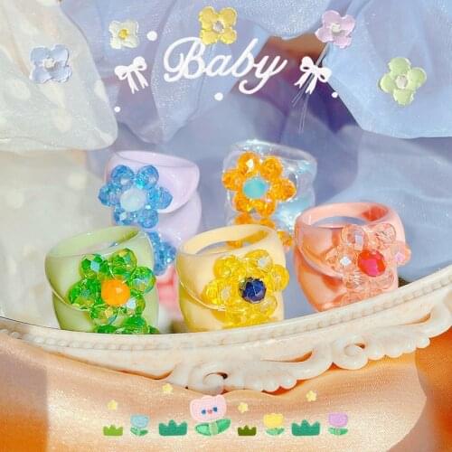 MENGJIQIAO Fashion Summer Design Colorful Acrylic Flower Rings For Women Ladies Finger Knuckle Ring Jewelry Gifts