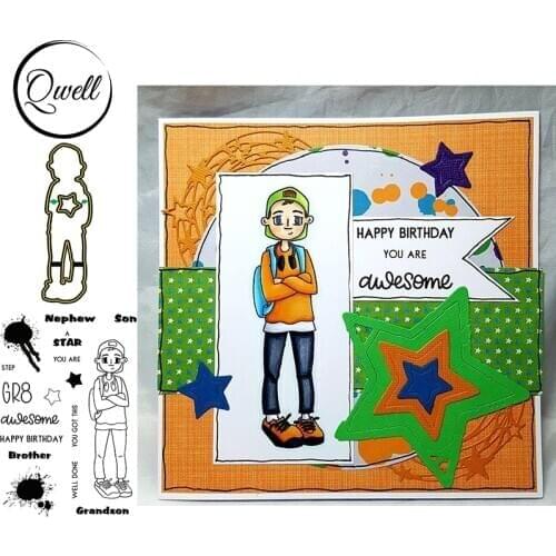 QWELL Metal Cutting Dies Match Clear Silicone Stamps Words Awesome Boy Nephew Son Brother Grandson Well Done 2020