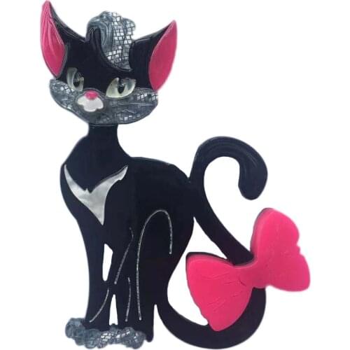 Fashion Female Cat With Bow Brooch Pin Black Cat Women Brooches Jewelry