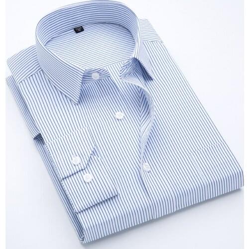 Mens Business Vertical Stripes Long Sleeve Shirt Classic Lapel Formal Design Workwear White Blue Office Bank Work Shirt