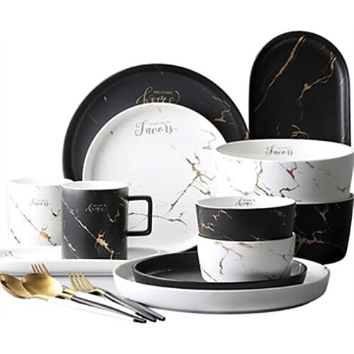 Ceramics Cutlery Set Nordic Black White Marbling Round Oval Plate Bowl Cup Dish Spoon Fork Tableware Household Kitchen Supplies