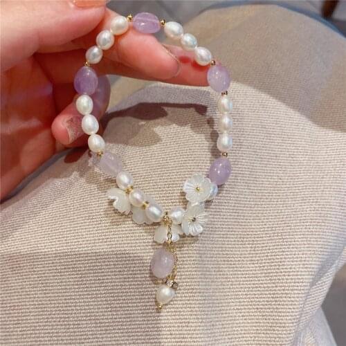 Gentle Flower Natural Baroque Freshwater Pearls Purple Crystal Beaded Strand Bracelets Women Fashion Jewelry Wholesale YBR456