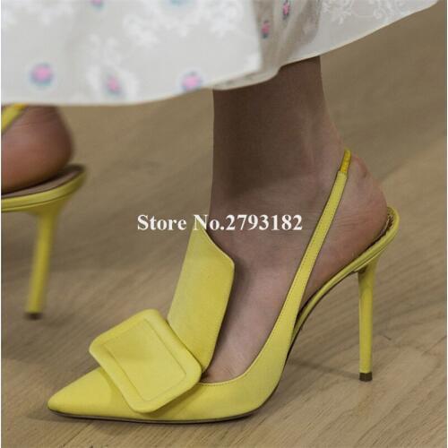 Newest Women Elegant Suede Leather Buckle Decorated Stiletto Heel Pumps Yellow Purple Suede Slip-on High Heels Dress Shoes