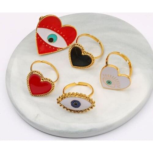 New Cute Creative Colorful Devil Eyes Opening Enamel Rings For Women Gold Red Heart Turkish Evil Eye Adjustable Party Jewelry