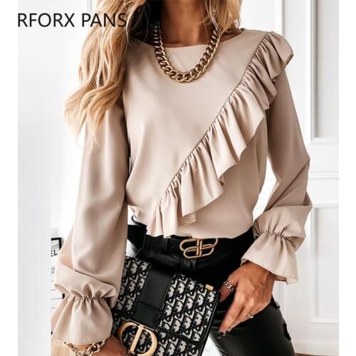 Autumn Solid Long Poet Sleeve Ruffles Loose Blouse Long Sleeve Top Women Top