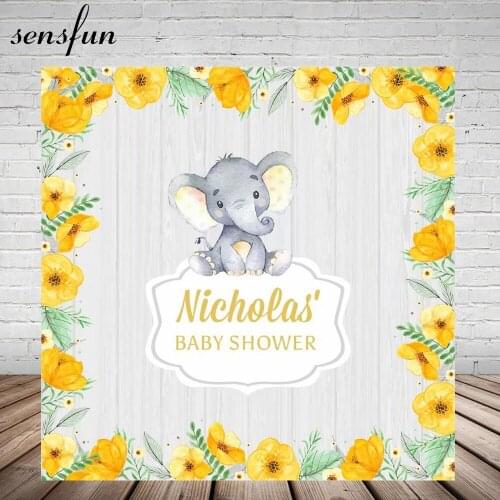 Sensfun Baby Shower Elephant Photography Backgrounds Yellow Flowers Green Leaves Gray Wood Backdrop For Photo Studio Customized