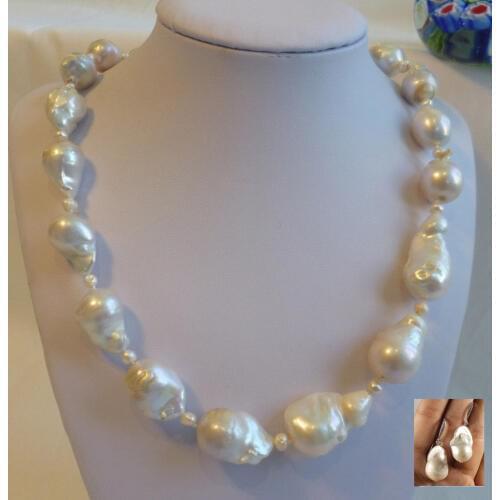 Silver Genuine 14-16mm 4mm Baroque freshwater pearls necklace earring shipping free