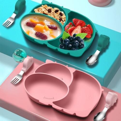 Cow Silicone Baby Feeding Suction Plate Silicone Kids Bowl For Breakfast Baby Eating Tableware Set With Spoon Fork Baby Dishes