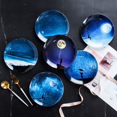 Nordic Ins Wind Hand-Painted Starry Ceramic Round Western Plate Personalized Breakfast Cake Dessert Plates Household Tableware