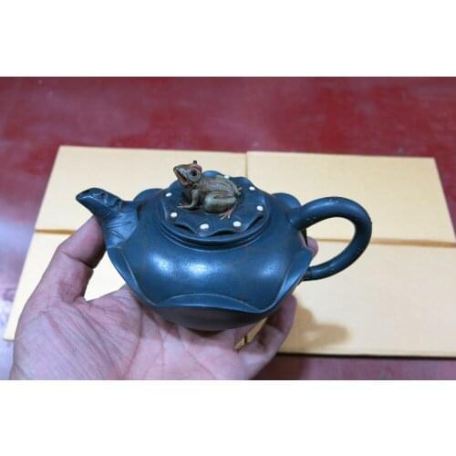 Old Chinese Handcraft Enameled YiXing Zi Sha Clay (Purple stoneware) Teapot ,Frog & Lotus,no 58,with mark,Free shipping