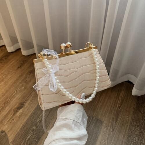 Retro Alligator Pattern Crossbody Bag For Women 2021 Clip Buckle Pearl Chain Bag PU Leather Small Shoulder Bag Square Handbags
