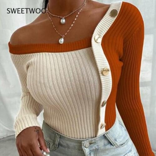 Sweater Panelled Patchwork Knitted Cardigan Women Long sleeve Slim Sexy Skew-collar Button Cardigans For Women 2021 Winter Top