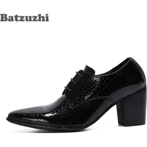 Batzuzhi 7.5cm High Heel Men Shoes Pointed Toe Black Patent Leather Dress Ankle Boots Men Party, Big Sizes 38-46