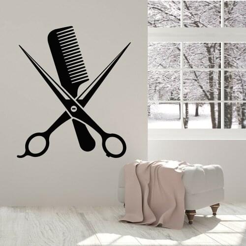 Vinyl Wall Decal Barber Hair Beauty Salon Scissors Comb Stickers Mural Wall Window Decor Posters Removable P401