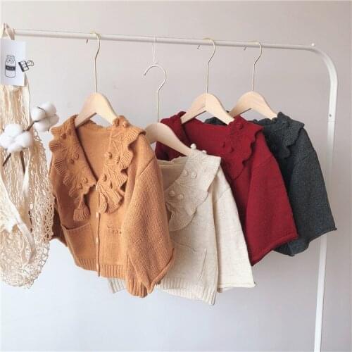 Girls Knit Cardigan 2020 Autumn Girls Lapel Knit Cardigan Children Korean Lotus Leaf Collar Sweater Toddler Outwear Girls Coats