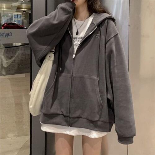 Y2K Fashion Zipper Oversized Soild Color Hoodies E-girl Vintage Solid Letter Long Sleeve Black Sweatshirts Autumn Casual Outfits