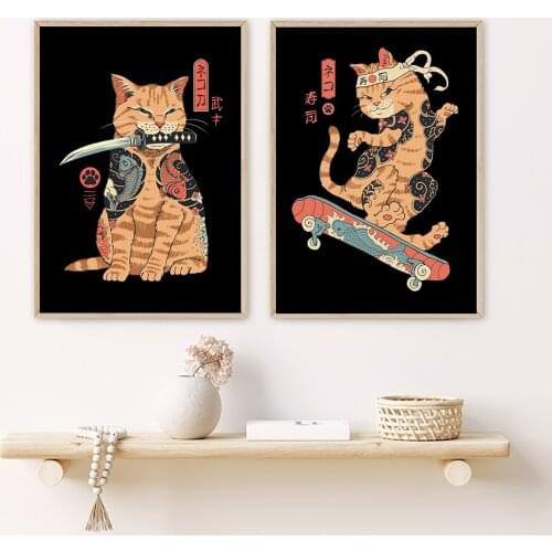 Japanese Samurai Cat Wall Art Neko Ramen Nostalgia Wave Canvas Painting Cartoon Animal Posters and Prints Pictures Home Decor