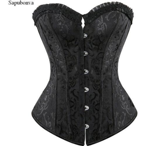 Sapubonva womens satin gothic corsets and bustiers tops steel boned overbust corset sexy lingerie corset plus size black white