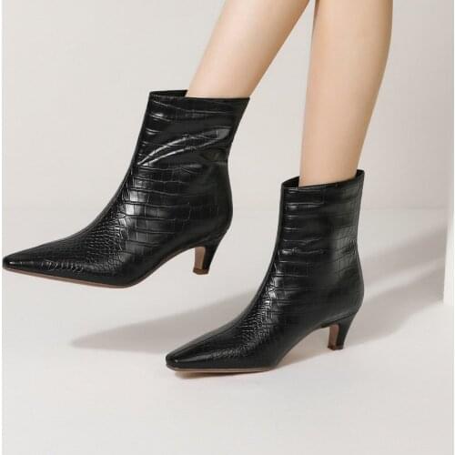 Female Spring Autumn Mid Calf Boots Fashion Stone Pattern Lady Slip On Short Boots Mid-Heel Pointed Toe Winter Womens Shoes