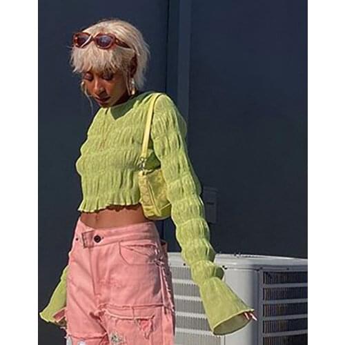Green Pleated Crop Tops Ruffles Women Y2k O Neck Short T Shirts Long Sleeve All-match Tees Sweet Girl Fashion Casual Streetwear