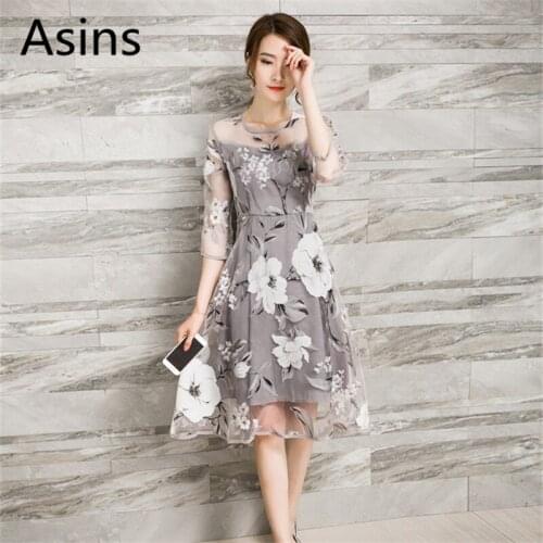 Asins dress women 2019 spring summer new hot women casual fashion slim cropped sleeves round neck printing organza flower dress