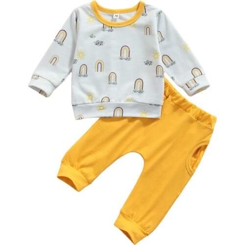 2021 0-18M Casua Infant Girl Boy Clothes Set Cartoon Rainbow Print Long Sleeve Sweatshirt+Solid Harem Pants Spring Autumn 2pcs