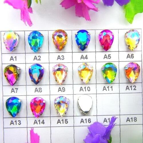 AB colors Silver claw settings holes 7 sizes water drop waterdrop teardrop glass Crystal Sew on rhinestone beads garments diy