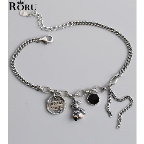 S925 Sterling Silver Retro Womens Bracelet with Cute Lovely Bear Charms 170+30mm Fine Jewelry for Friends Party Fashion Gifts