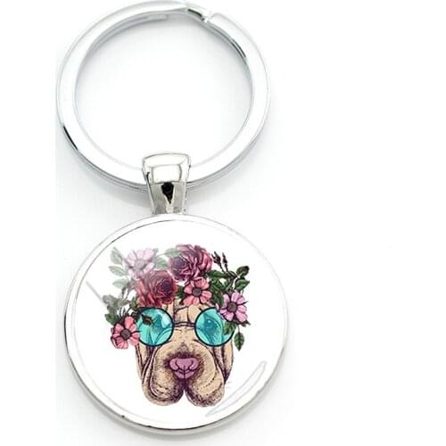 TAFREE Dogs And Flowers Illustration Keychains Plant Animal 25mm Round Glass Key Ring Classic Tools Men Jewelrys