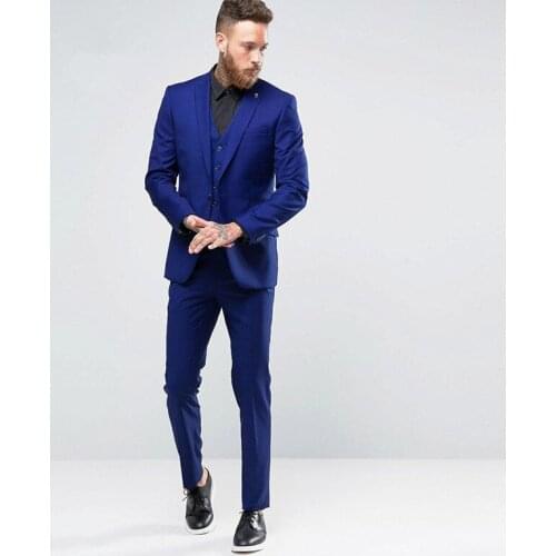 Bule Peaked Lapel Fashion Men Suits Formal Tuxedos Slim Fit Terno Masculino Bespoke Blazer Men Handsome (Jacket+Pant+Tie+Vest)