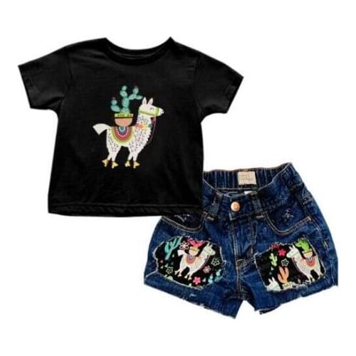 Toddler Kids Baby Girl cute Alpaca Short Sleeve T-shirt Top denim Shorts Set children clothing outfit Sets 2021 new style summer