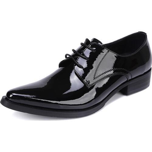 Italy New Patent Genuine Leather Mens Dress Shoes Classic Pointed Toe British Business Man Footwear Block Low Heel Formal Shoes