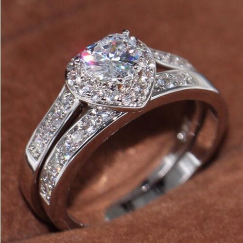 Brand New Luxury Jewelry 10KT White Gold Filled 5A Clear Cubic Zirconia CZ Party Women Wedding Bridal Couple Heart Ring Set Gift