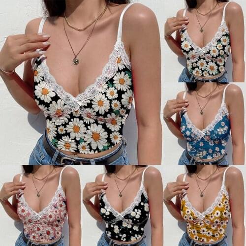 2021 Crop Top Women Vogue Sunflower Daisy Flower Print Summer Vest Top Suspender Sleeveless Lace Vneck Sling Fresh топик женский