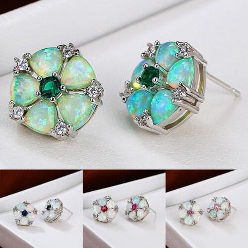 Cute Female Green Opal Stone Earrings Charm Silver Color Stud Earrings For Women Elegant Round Crystal Wedding Earrings