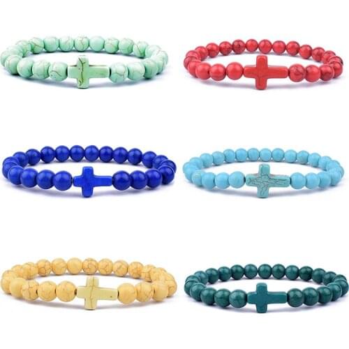New Multicolor Natural Turquoise Cross Beads Men Bracelets Lava Agate Matte Charm Women Bracelet Christian Jewelry Bijoux Gift