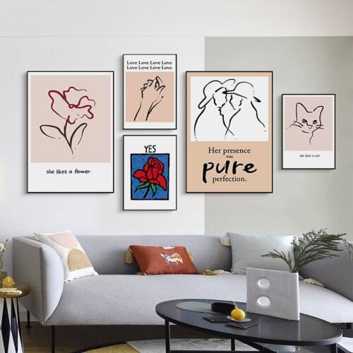 Simple Nordic abstract black and white lines cat rose art poster living room decorative painting picture hanging painting core