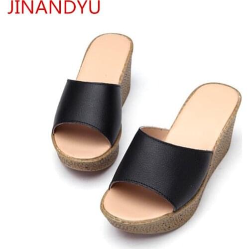 Real Leather Slippers Platform Wedges Shoes for Women High Heel Sandals Casuales Summer Shoes Plus Size 41 Black White Heels