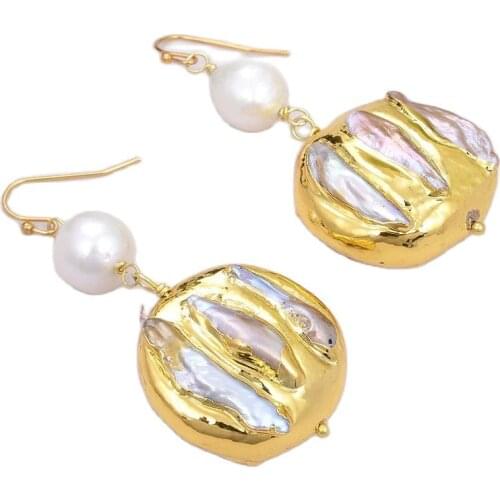 GG Jewelry Natural Cultured White keshi Baroque Pearl Biwa Pearl Nugget Dangle Hook Earrings Classic Style For Women