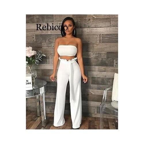 Strapless top and wide leg pants two piece womens set club sets 2 piece female sexy suits black white outfits summer