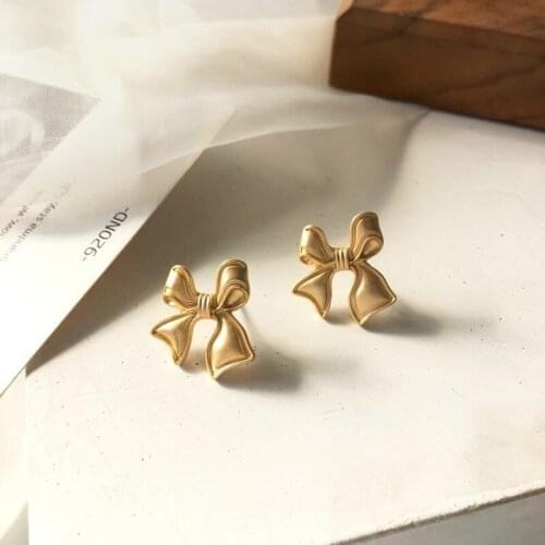 Girls Matte Bowknot Vintage Cute Earrings Beautiful Gold Color Korean Earrings 2020