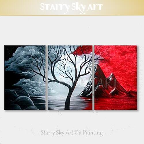 High Skilled Artist Hand-painted Abstract Black and Red Oil Painting on Canvas 3 Pieces Set Cloud Tree Oil Painting for Wall Art