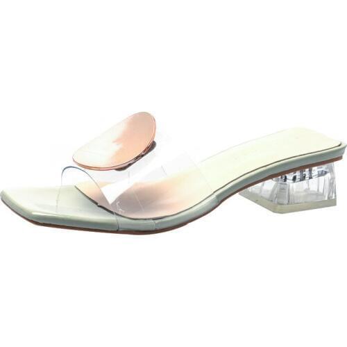 Shoes Woman 2019 Summer Hot Metal Decoration Mid Heel 5cm Square Heel Slippers Women Shoes Casual womens Slipper