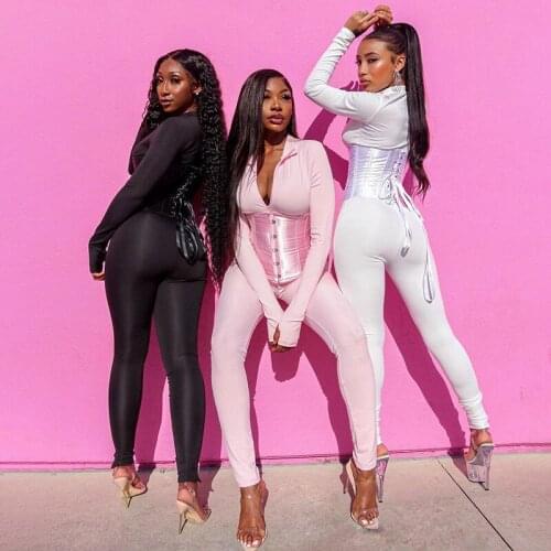 V Neck Long Sleeve Jumpsuit With Sexy Bandage Corset Women Fall 2020 Fashion Two Pieces Club Set Zipper Long Bodycon Overalls