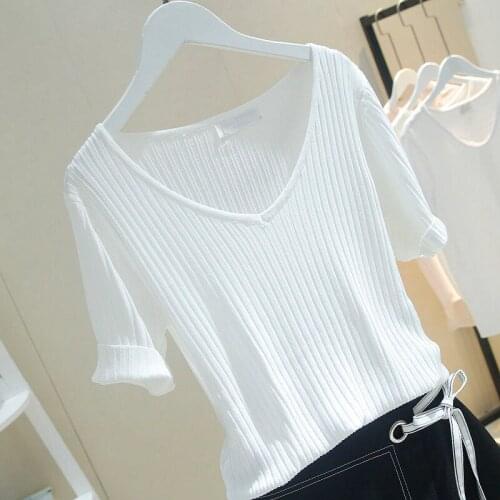 2021 New Summer Women Korean Style V-Neck Solid Slim Jumper Tees Female Ice Silk All-match Short Sleeve Knitted T-Shirt Tops A12