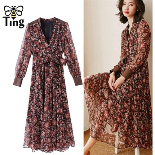 Tingfly Vintage Elegant Women Floral Printing Chiffon Midi Long Dress V neck A Line Casual Work Dress with Sashes Vestidos Frock