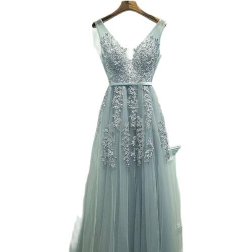 Sexy V-neck Evening Dress Robe De Soiree 2021 High Quality Gray Tulle With Appliques Evening Dresses Long Dress Vestido De Festa